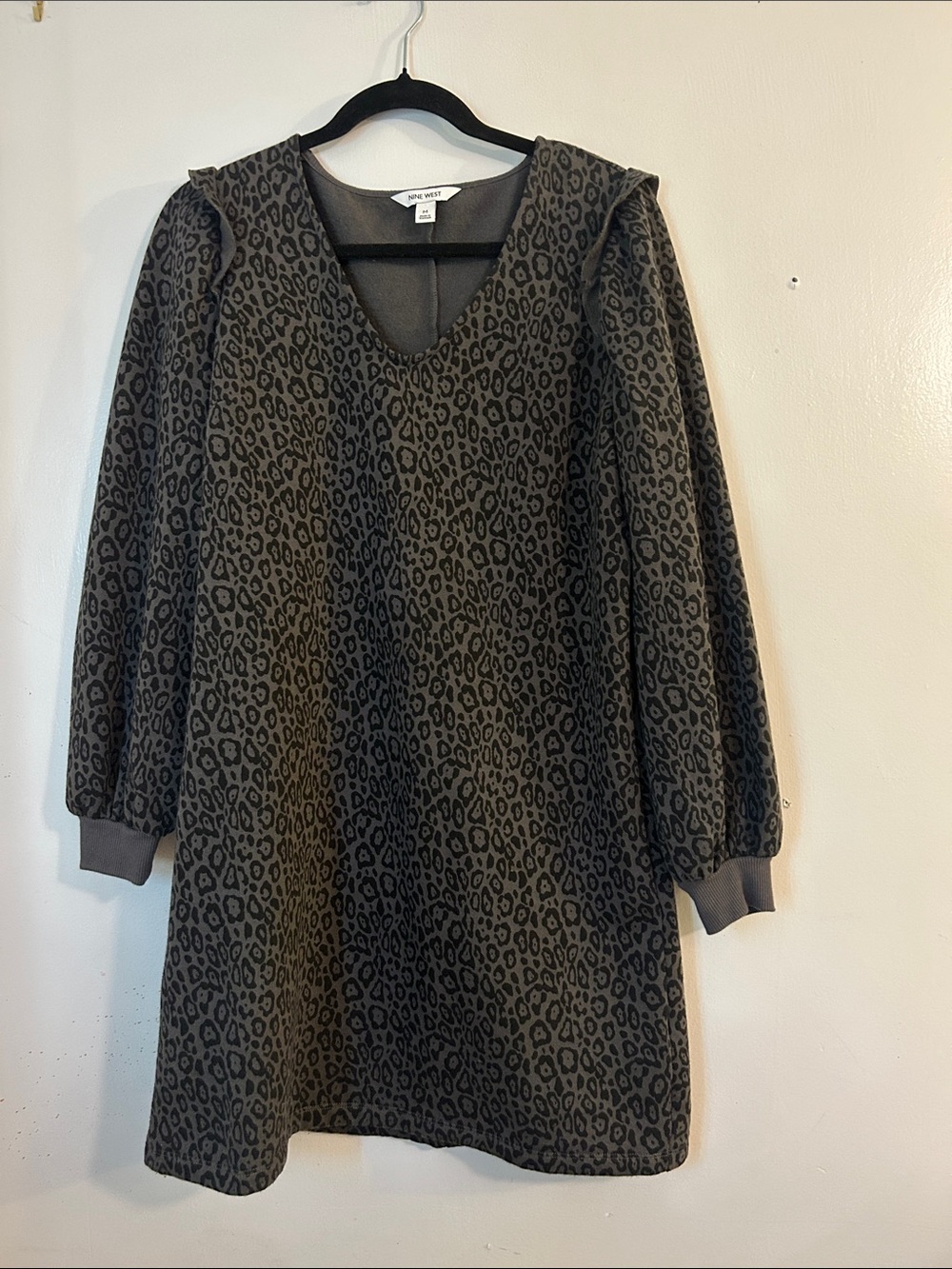 Nine West Charcoal Leopard Print Long Sleeve Dress